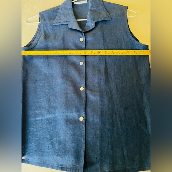 Royal Blue 100% linen button-up shirt mother-of-pearl buttons embroidered collar - Picture 13 of 16